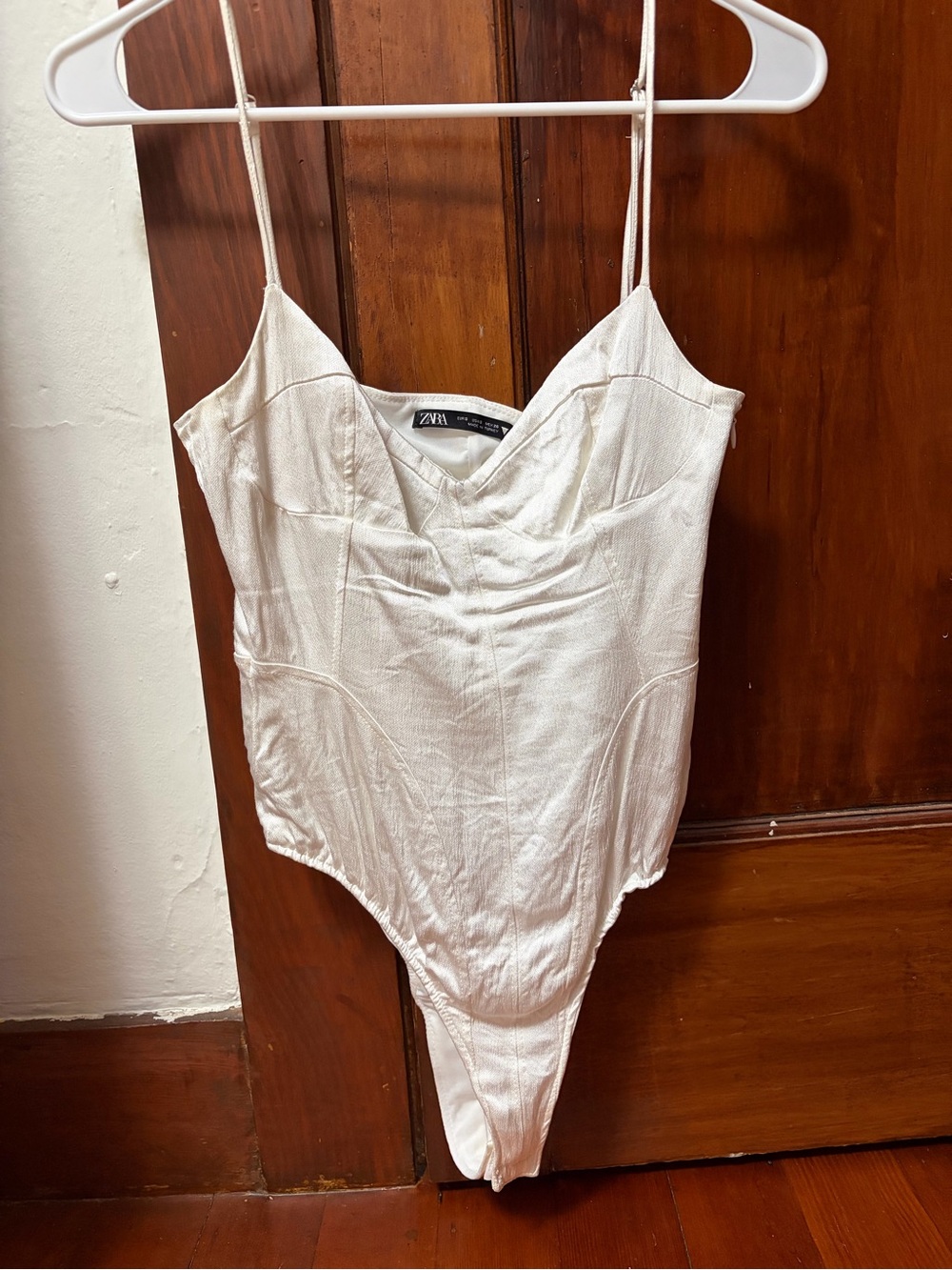 Zara White Satin Spaghetti-Strap Bodysuit